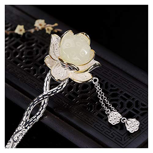Fioerwe Horquilla China Sterling Pelo de Plata Sticks Joyería Hecha a Mano Lotus de Las Horquillas de Jade de Hetian Accesorios for el Cabello Pelo Largo Borla Colgante (Gem Color : Silver)
