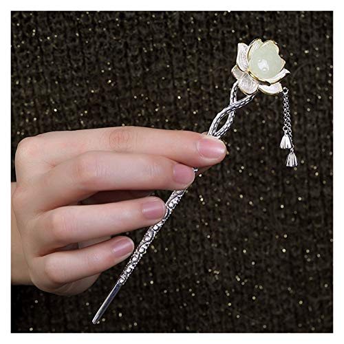 Fioerwe Horquilla China Sterling Pelo de Plata Sticks Joyería Hecha a Mano Lotus de Las Horquillas de Jade de Hetian Accesorios for el Cabello Pelo Largo Borla Colgante (Gem Color : Silver)