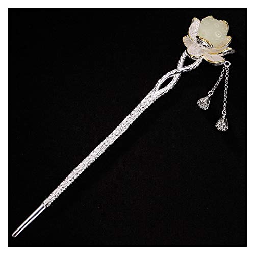 Fioerwe Horquilla China Sterling Pelo de Plata Sticks Joyería Hecha a Mano Lotus de Las Horquillas de Jade de Hetian Accesorios for el Cabello Pelo Largo Borla Colgante (Gem Color : Silver)