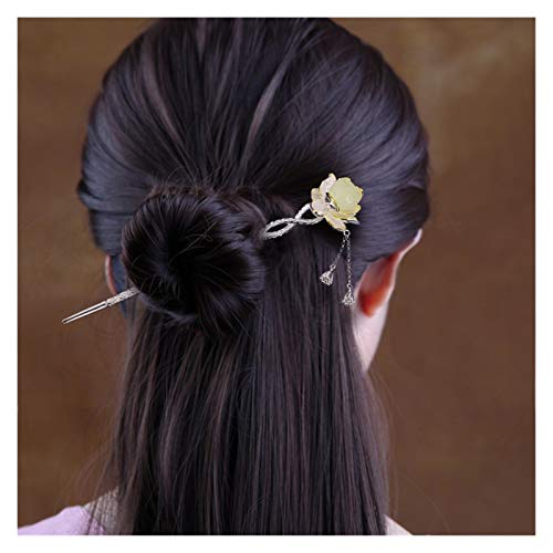 Fioerwe Horquilla China Sterling Pelo de Plata Sticks Joyería Hecha a Mano Lotus de Las Horquillas de Jade de Hetian Accesorios for el Cabello Pelo Largo Borla Colgante (Gem Color : Silver)
