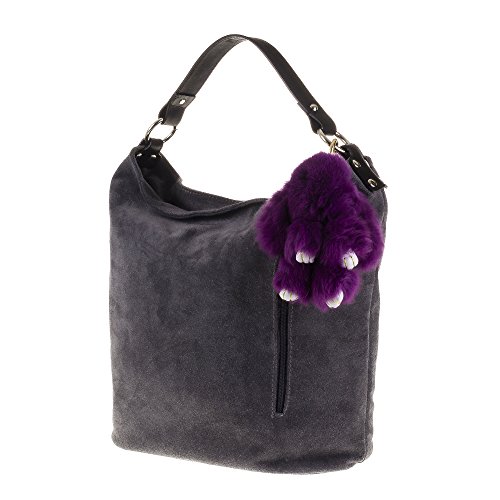 FIRENZE ARTEGIANI.Llavero Monedero Mujer Piel auténtica.Llavero Mujer complemento Pelo natutal Rex.Forma Conejo/Rabbit. Made IN Italy. Vera Pelle Italiana. 12x15x8 cm. Color: Morado