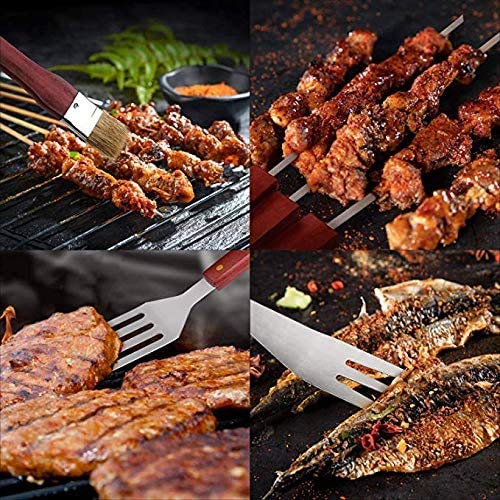 FIXKIT Utensilios para Barbacoa 18 Piezas Completas de Herramientas de Barbacoa de Acero Inoxidable Cubiertos con Mango de Madera Conjunto de Barbacoa con Maletín, Cumpleaños, Hombre