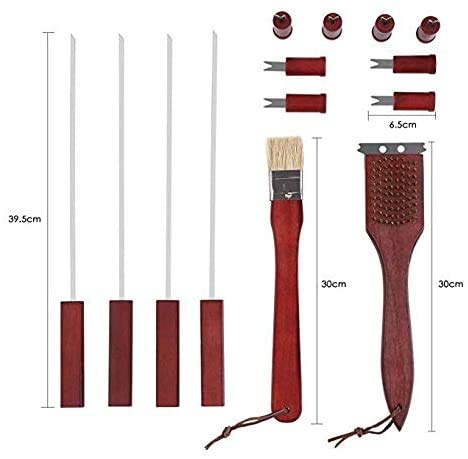 FIXKIT Utensilios para Barbacoa 18 Piezas Completas de Herramientas de Barbacoa de Acero Inoxidable Cubiertos con Mango de Madera Conjunto de Barbacoa con Maletín, Cumpleaños, Hombre