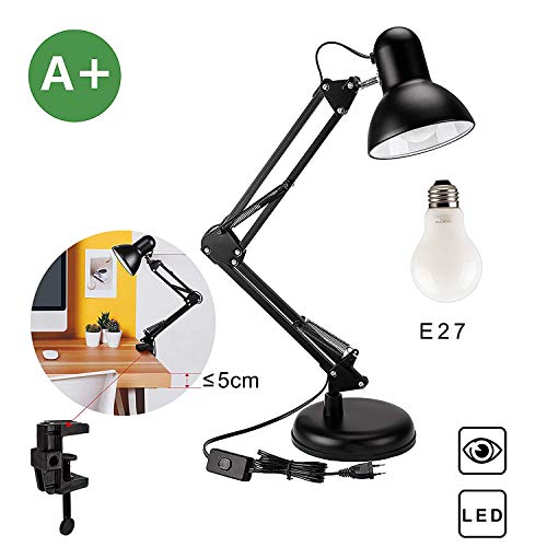 Flexo LED lampara de trabajo, lámpara de mesa Aglaia con base o abrazadera intercambiables entre si, brazo articulado, orientable y una bombilla de luz de LED de tamaño regular E27