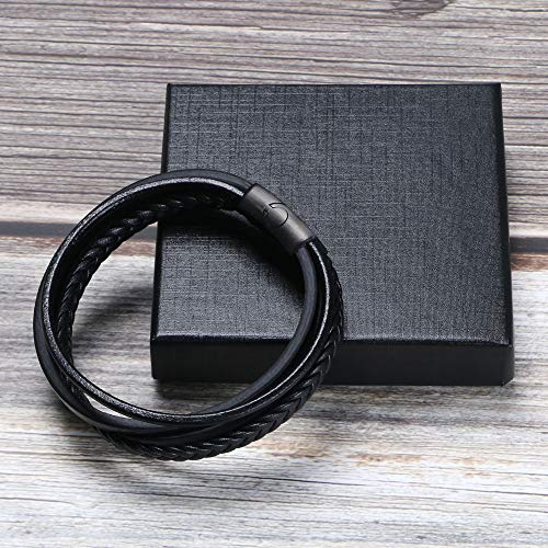 flintronic® Pulsera Hombre, Cuero Brazalete Trenzado Cruzada, Pulsera Cuero Trenzado Hombre, Acero Pulsera Trenzada con Cierre Magnética Inoxidable - Negro