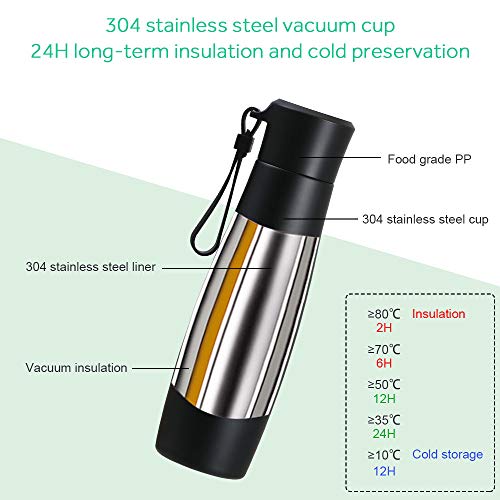 flintronic® Taza de Viaje, 400ML Vacuum Cup Travel Mug, Frasco de Vacío de Acero Inoxidable 304, Pantalla LCD Táctil Inteligente con Temperatura (1 Cable USB y Bolsa de Botella Incluidos) - Negro