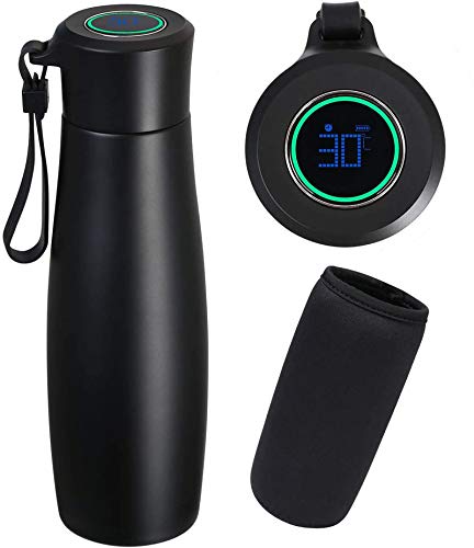 flintronic® Taza de Viaje, 400ML Vacuum Cup Travel Mug, Frasco de Vacío de Acero Inoxidable 304, Pantalla LCD Táctil Inteligente con Temperatura (1 Cable USB y Bolsa de Botella Incluidos) - Negro