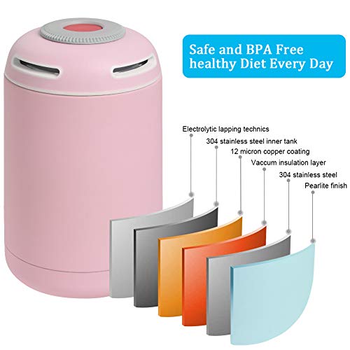 flintronic Termo para Comida, 460 ml Termo para Alimentos, Botella Aislada de Acero Inoxidable, para Adultos Niños y Bebés, con 1 Cepillo 1 Cuchara 1 Taza de Soporte - Rosa