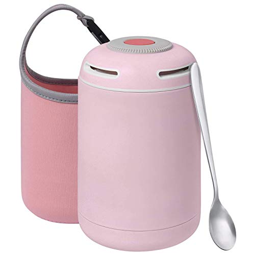 flintronic Termo para Comida, 460 ml Termo para Alimentos, Botella Aislada de Acero Inoxidable, para Adultos Niños y Bebés, con 1 Cepillo 1 Cuchara 1 Taza de Soporte - Rosa