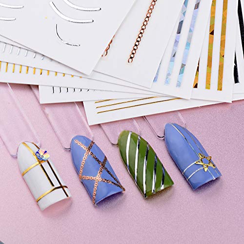 FLOFIA 10 Hojas Pegatinas Uñas 3d Cinta Adhesiva Uñas de Línea Nail Striping Tape Dorado Plateado Nail Stickers Stripe Line Curva 10 Estilos para Decoración Uñas Accesorios DIY Diseño Arte de Uñas