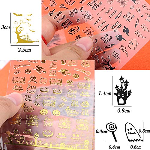 FLOFIA 12pcs Pegatinas Uñas Halloween de Santos Adhesivas Dorado Negro Calabaza Calaveras Araña Cruz Murciélago Fantasma Bruja Decoración Calcomanía Etiqueta Engomada Uñas de Halloween Nail Stickers