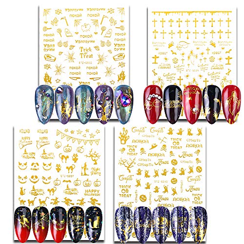 FLOFIA 12pcs Pegatinas Uñas Halloween de Santos Adhesivas Dorado Negro Calabaza Calaveras Araña Cruz Murciélago Fantasma Bruja Decoración Calcomanía Etiqueta Engomada Uñas de Halloween Nail Stickers
