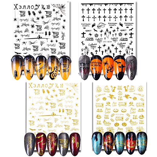 FLOFIA 12pcs Pegatinas Uñas Halloween de Santos Adhesivas Dorado Negro Calabaza Calaveras Araña Cruz Murciélago Fantasma Bruja Decoración Calcomanía Etiqueta Engomada Uñas de Halloween Nail Stickers