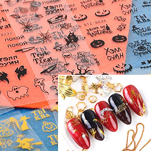FLOFIA 12pcs Pegatinas Uñas Halloween de Santos Adhesivas Dorado Negro Calabaza Calaveras Araña Cruz Murciélago Fantasma Bruja Decoración Calcomanía Etiqueta Engomada Uñas de Halloween Nail Stickers
