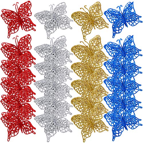 FLOFIA 24pcs Adornos de Navidad Mariposa Arbol de Navidad Colgante Mariposas Artificiales Navidad Purpurina Brillo para Decoración Navideña Ornamento Suministro Accesorios Navidad, 4 Colores Mezclados