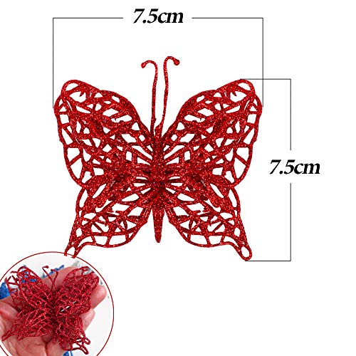 FLOFIA 24pcs Adornos de Navidad Mariposa Arbol de Navidad Colgante Mariposas Artificiales Navidad Purpurina Brillo para Decoración Navideña Ornamento Suministro Accesorios Navidad, 4 Colores Mezclados