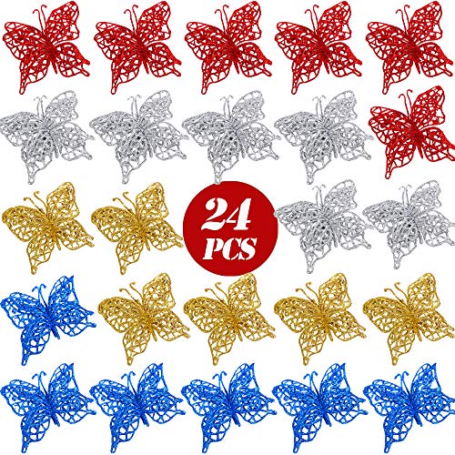 FLOFIA 24pcs Adornos de Navidad Mariposa Arbol de Navidad Colgante Mariposas Artificiales Navidad Purpurina Brillo para Decoración Navideña Ornamento Suministro Accesorios Navidad, 4 Colores Mezclados