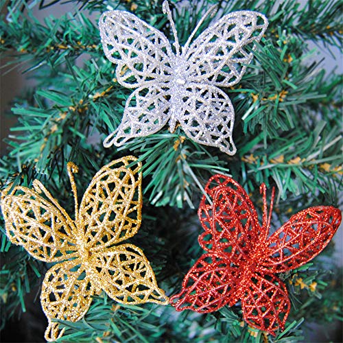 FLOFIA 24pcs Adornos de Navidad Mariposa Arbol de Navidad Colgante Mariposas Artificiales Navidad Purpurina Brillo para Decoración Navideña Ornamento Suministro Accesorios Navidad, 4 Colores Mezclados