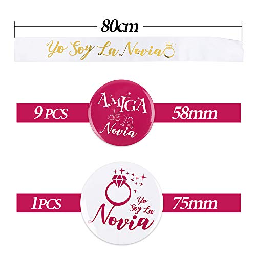 FLOFIA Kit 12pcs Despedida de Soltera Accesorios de Novia, Velo Blanco de Novia con Peine, Banda Fajín Novia, Broche Insignia Novia Dama de Honor para Boda Fiesta Decoración Ducha Nupcial