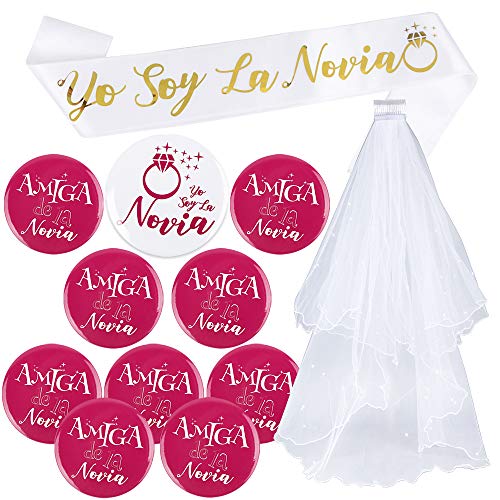 FLOFIA Kit 12pcs Despedida de Soltera Accesorios de Novia, Velo Blanco de Novia con Peine, Banda Fajín Novia, Broche Insignia Novia Dama de Honor para Boda Fiesta Decoración Ducha Nupcial