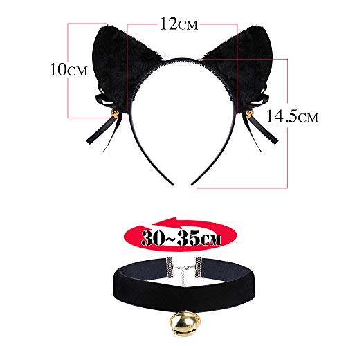 FLOFIA Kit Disfraz de Gato Accesorios Diadema de Gato Orejas de Gato + Collar Choker Terciopelo con Campana Suministros para Mujer Niña Disfraces Fiesta Halloween Cumpleaños Cosplay, Blanco/Negro