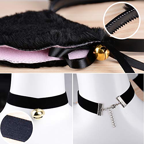 FLOFIA Kit Disfraz de Gato Accesorios Diadema de Gato Orejas de Gato + Collar Choker Terciopelo con Campana Suministros para Mujer Niña Disfraces Fiesta Halloween Cumpleaños Cosplay, Blanco/Negro