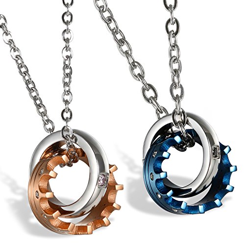 Flongo Collares con Colgantes para Parejas Enamorados His & Hers Forever Love Acero Inoxidable Colgantes de Anillos Negro Oro Rosa Buen Regalo de San Valentin Navidad (Naranja-Azul)…