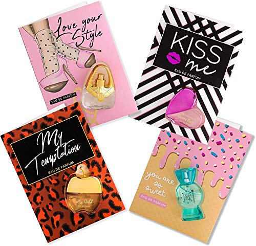 Flor de Mayo, Perfume Cards, Set de 4 Tarjetas Regalo con mini Eau de Parfum Mujer, 4 x Tarjeta Felicitación con Mini Colonia