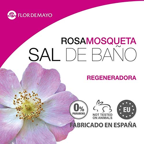 Flor de Mayo, Sal de Baño Mineral Aromática Rosa Mosqueta, Spa Belleza Relajante para Pedicura, Jacuzzi, Bañera. Bote 650g.