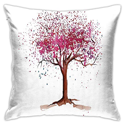 Floral Japanese Cherry Blossom Buds Sakura Tree In Watercolor Beauty Essence Artwork Magenta Redwood Fashion Pillow 18inch*18inch,Pillowcase Decorative Square Sofa Bedroom Car - No Inserts Included