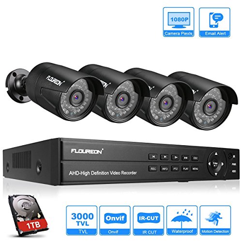 FLOUREON DVR Video Kit de vigilancia (8CH 1080N AHD DVR + 4 *1080P 3000TVL 2.0MP cámara exterior+disco duro de 1TB HDD), copia de seguridad USB, alarma por correo electrónico, sistema de seguridad 