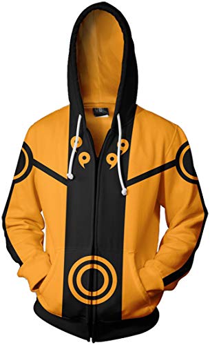 FLYCHEN Hombre Sudaderas con Capucha Naruto Figura Impresa Sudadera Naruto Shippuden Anime diseños de Cosplay - Negro Coma Amarillo 09 - S