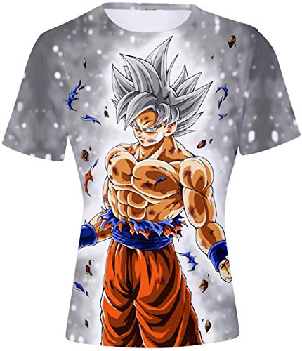FLYCHEN T-Shirt Colorful Impreso en 3D Dragon Ball para Hombre Super Saiyan Cosplay Wu Camiseta Goku - Sombreros de Plata - L
