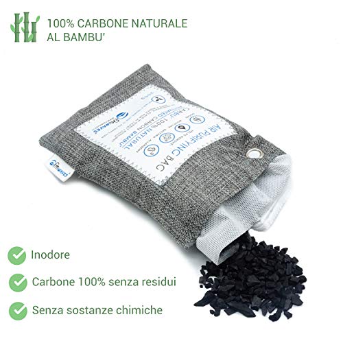 FMwaves CARBU’ Bolsa Purificadora de Aire | Absorba la Humedad, Malos Olores para Zapatero, Material Deportivo, Hogar, Coche, Cocina | Bolso Neutralizador de Carbono Activado Natural de Bambú