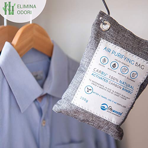 FMwaves CARBU’ Bolsa Purificadora de Aire | Absorba la Humedad, Malos Olores para Zapatero, Material Deportivo, Hogar, Coche, Cocina | Bolso Neutralizador de Carbono Activado Natural de Bambú
