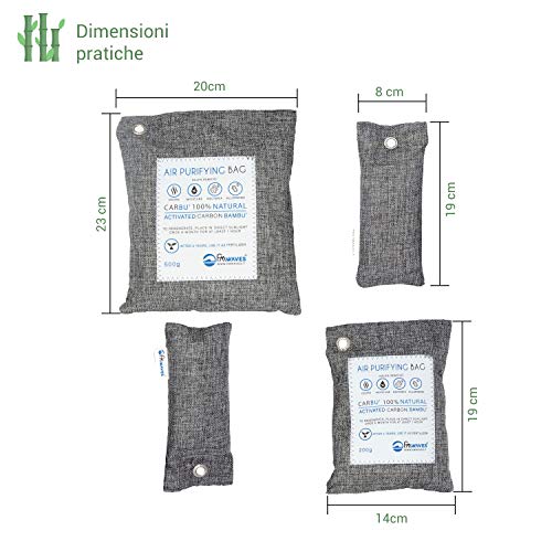 FMwaves CARBU’ Bolsa Purificadora de Aire | Absorba la Humedad, Malos Olores para Zapatero, Material Deportivo, Hogar, Coche, Cocina | Bolso Neutralizador de Carbono Activado Natural de Bambú