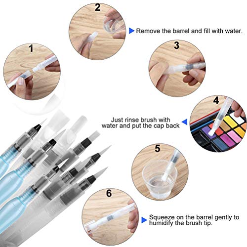 FOCCTS Conjunto de pinceles de agua con 6 consejos de pincel con tanque de agua Plumas de acuarela para pintar lápices de colores pincel de agua pincel de plumas para colores de acuarela