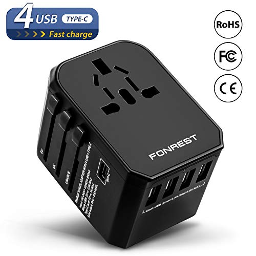 FONREST Adaptador de Corriente de Viaje Universal con 4 USB, Tipo-C Carga rapida. Todo en uno Toma de CA para el secador de Pelo 1760W, Internacional Cargador de Pared Enchufe Convertidor