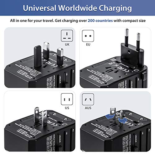FONREST Adaptador de Corriente de Viaje Universal con 4 USB, Tipo-C Carga rapida. Todo en uno Toma de CA para el secador de Pelo 1760W, Internacional Cargador de Pared Enchufe Convertidor
