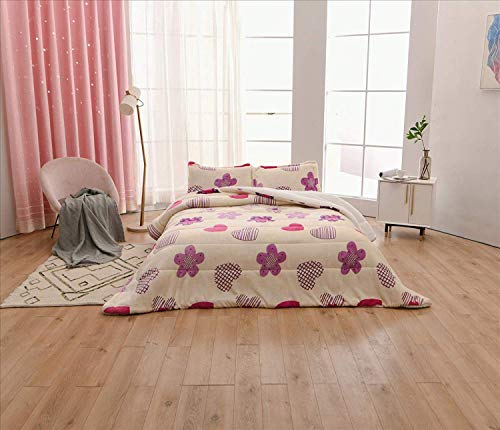 Foren Tex Manta para Cama y sófa Franela con Sherpa Blanca ((L-3081 + Bajera, Cama 135)) Llevan Fundas de Almohada (50x70) más una Bajera Ajustable Extra Suave Súper Cálida