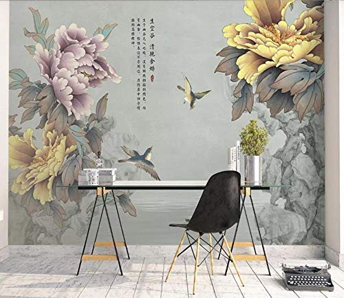 Fotomurales 3D Flores Y Pájaros De Peonía Clásica China Papel pintado no tejido Decoración de Pared decorativos Murales 200x140 cm