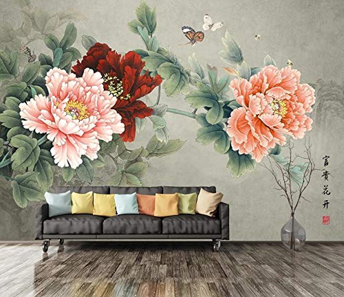 Fotomurales 3D Mariposa De Peonía De Estilo Chino Clásico Papel pintado no tejido Decoración de Pared decorativos Murales 250x175 cm