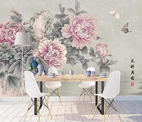 Fotomurales 3D Mariposa De Peonía Vintage De Estilo Chino Papel pintado no tejido Decoración de Pared decorativos Murales 400x280 cm