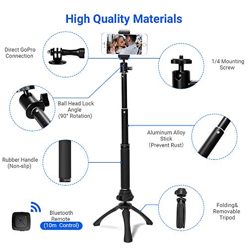 Fotopro Palo Selfie para Gopro, Selfie Stick con Mini Trípode, Monopié con Control Remoto Bluetooth para iPhone, Samsung Galaxy，Huawei，Xiaomi