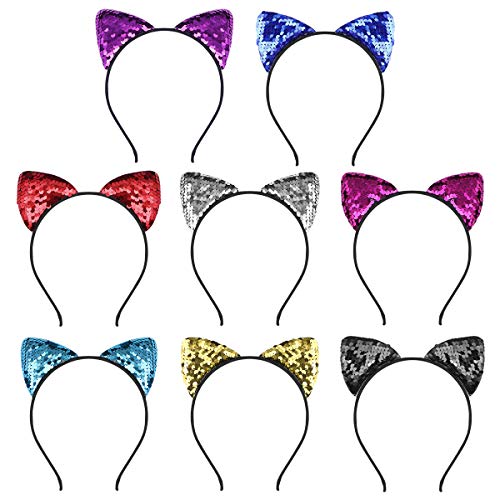 Frcolor Glitter Sequin Cat Ears Headband Hairband Hair Hoop Headwear para la fiesta de disfraces Dress Up, 8 piezas