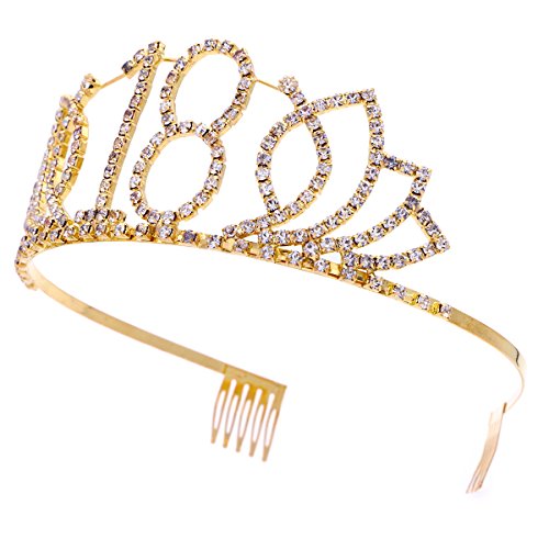 Frcolor Tiara de cumpleaños, coronas de diamantes de decima cumpleaños Coronas de cumpleaños feliz de 18 años (oro)