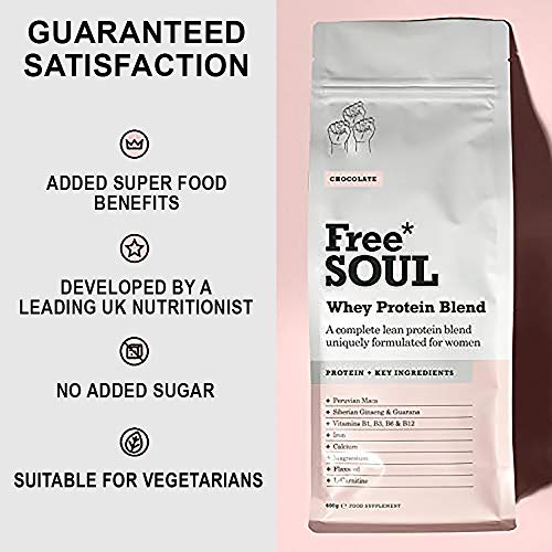 Free Soul Proteína Whey en Polvo Mujer/Whey Protein | 80% Con Ingredientes Naturales para la Nutrición, Equilibrio Hormonal, Mental y Energético | sin Gluten o Soja | 600g Chocolate