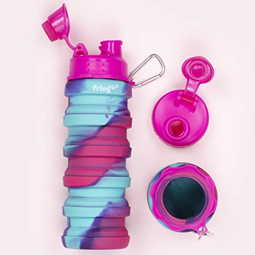 Fringoo - Botella de agua plegable de silicona para niños, 550 ml, con mosquetón, 100 % a prueba de fugas, sin BPA, botella de viaje, deporte, Infantil, Rosa - Azul, 550 ml