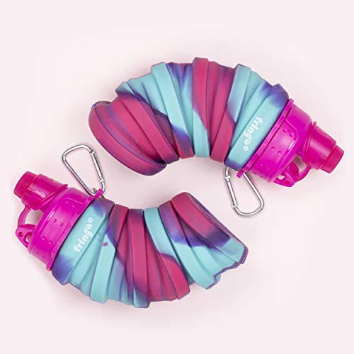 Fringoo - Botella de agua plegable de silicona para niños, 550 ml, con mosquetón, 100 % a prueba de fugas, sin BPA, botella de viaje, deporte, Infantil, Rosa - Azul, 550 ml