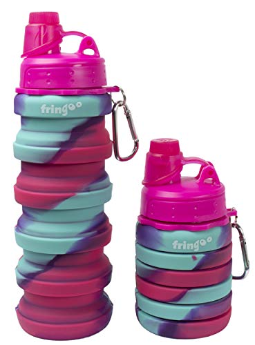 Fringoo - Botella de agua plegable de silicona para niños, 550 ml, con mosquetón, 100 % a prueba de fugas, sin BPA, botella de viaje, deporte, Infantil, Rosa - Azul, 550 ml